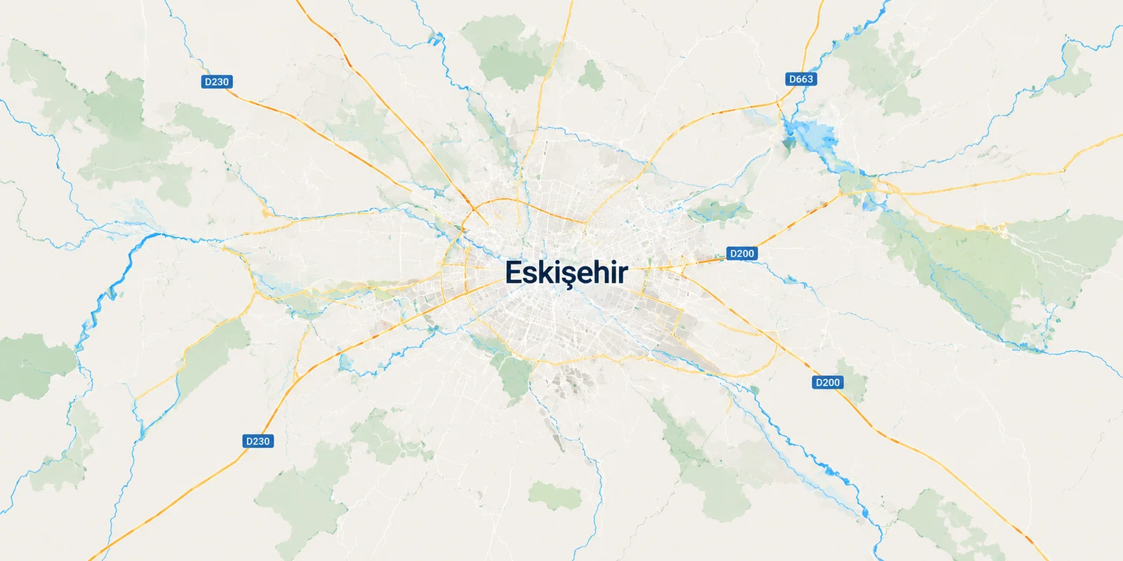 Eskişehir şehir merkezi ve çevresindeki ana yolları gösteren harita