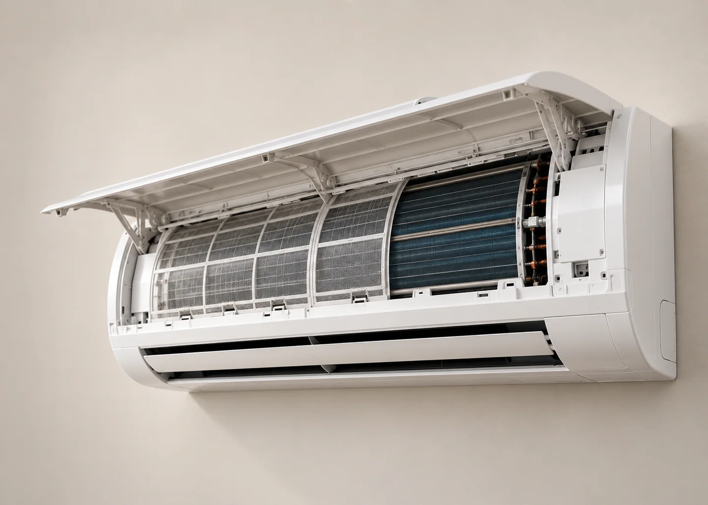Servis değerlendirmesi için kapağı açılmış split klima iç ünitesi